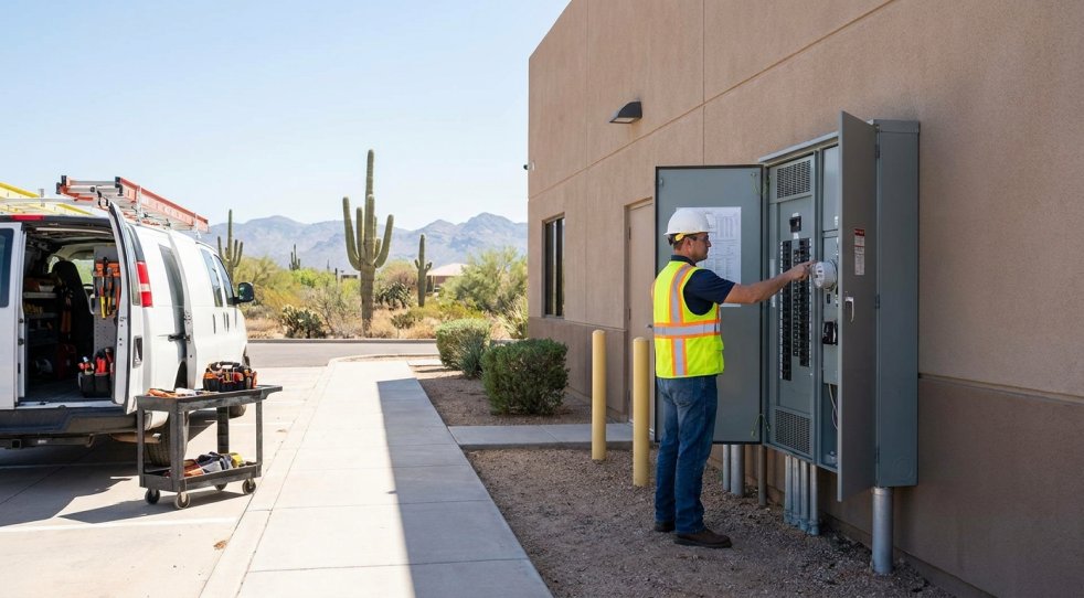 Electrician inspecting an outdoor electrical panel beside a work van and tools at a commercial building